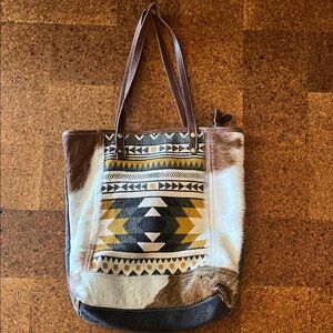 Myra Bag Brown and Cream Geometric Tote